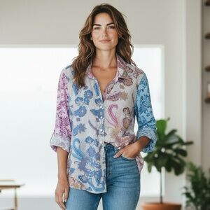 Cino Flying Peacock Floral‎ Paisley Button Down Shirt L